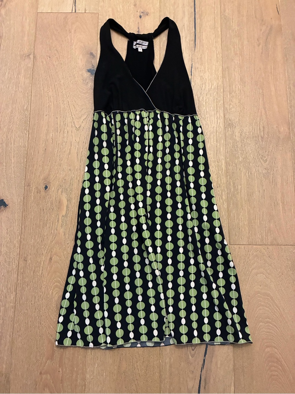 Sleeveless Black & Green Dot-Stripe Midi Dress